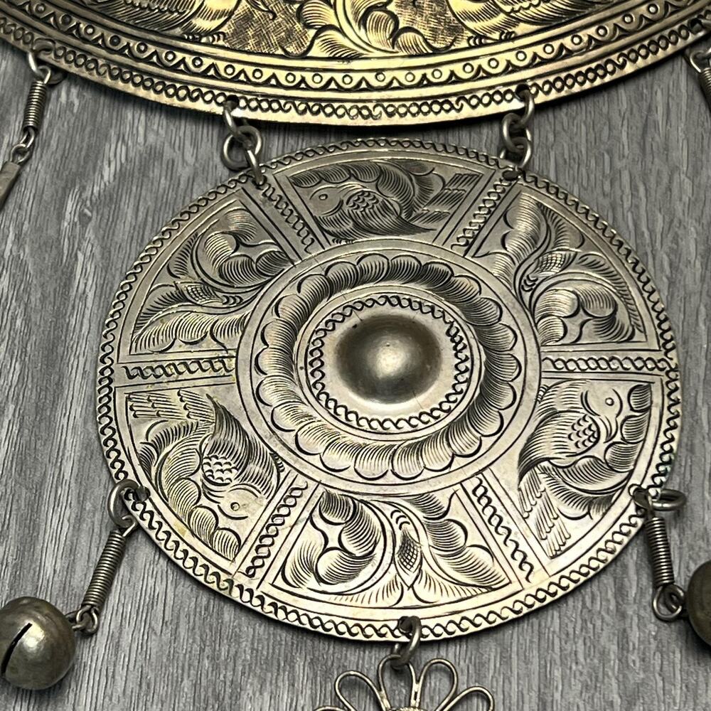 Tribal Boho Collar Statement Necklace Engraved Birds Medallion Dangles Bells - Picture 3 of 16
